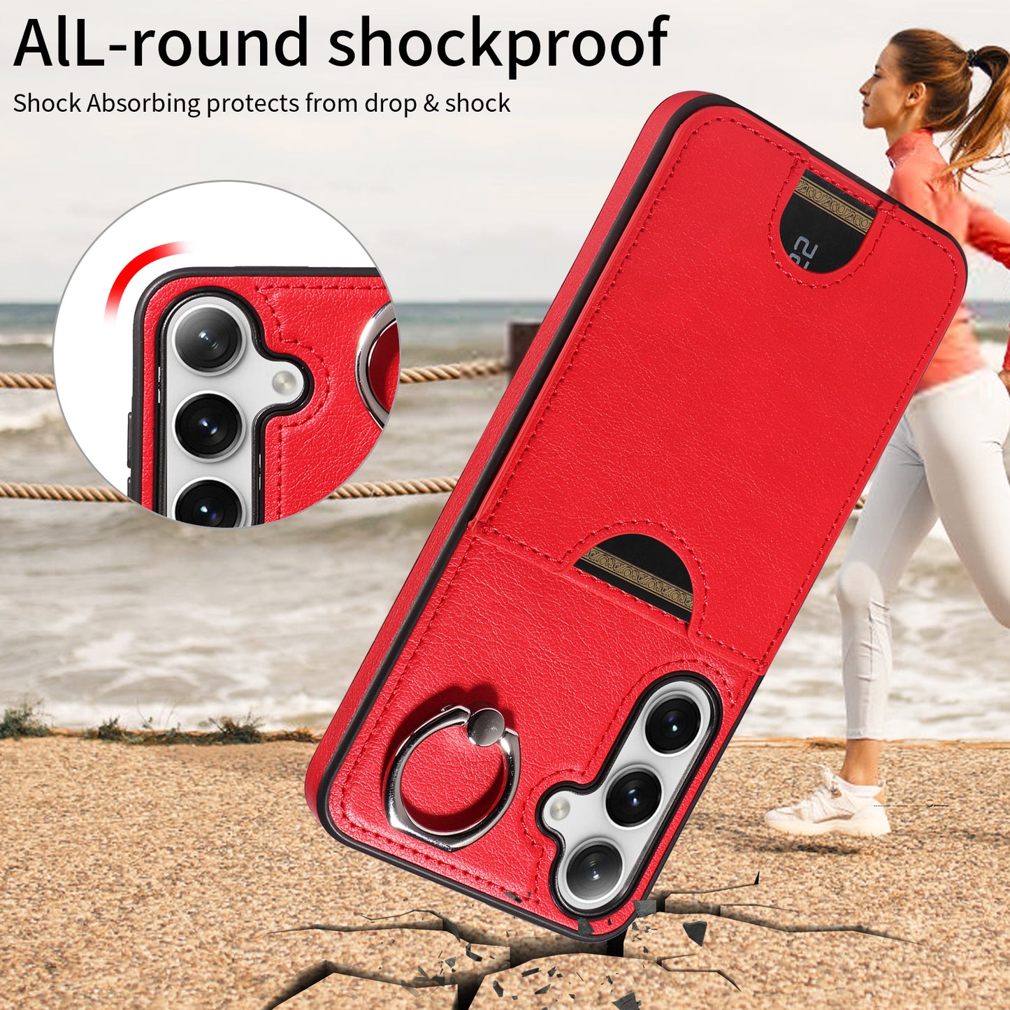 006 For Samsung Galaxy S24+ Case Card Bag PU TPU Back Cover with Ring Holder - Red