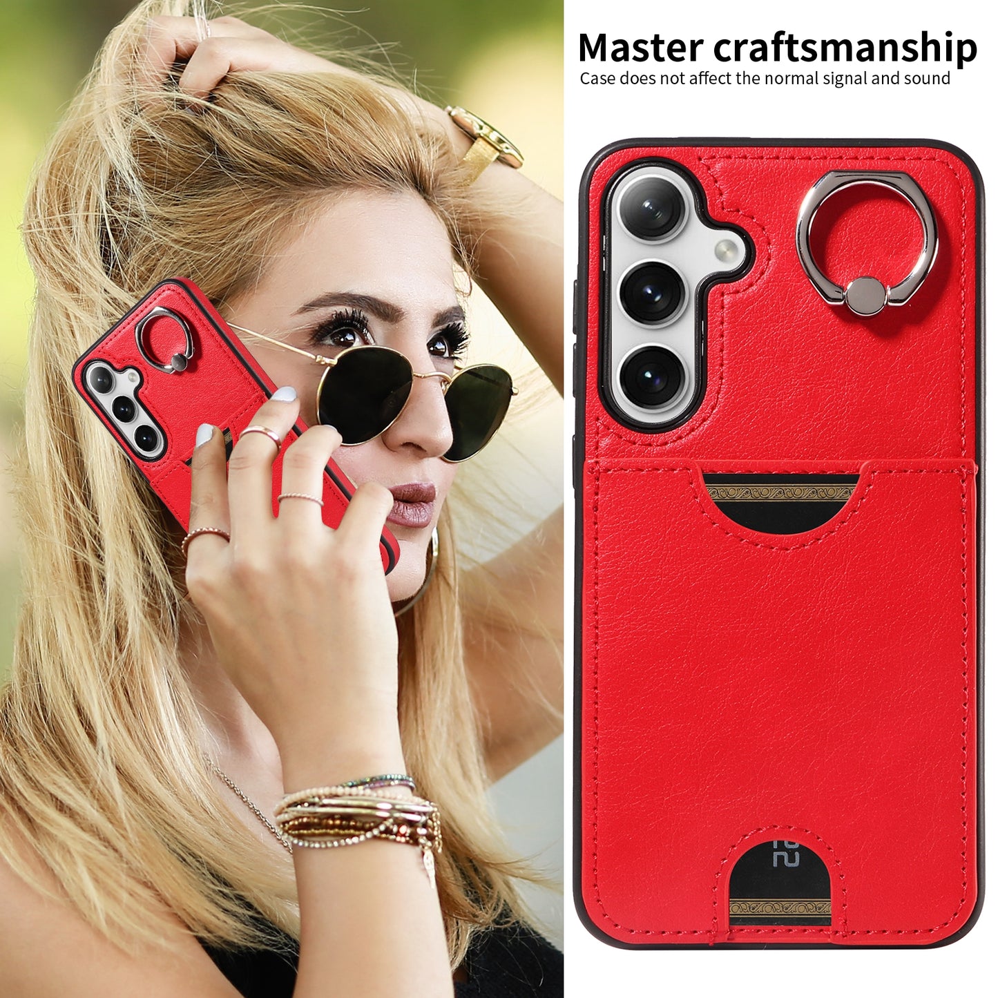 006 For Samsung Galaxy S24+ Case Card Bag PU TPU Back Cover with Ring Holder - Red