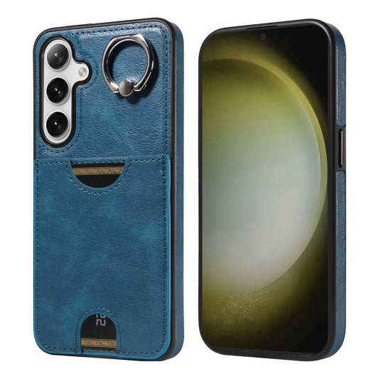 006 For Samsung Galaxy S24+ Case Card Bag PU TPU Back Cover with Ring Holder - Blue