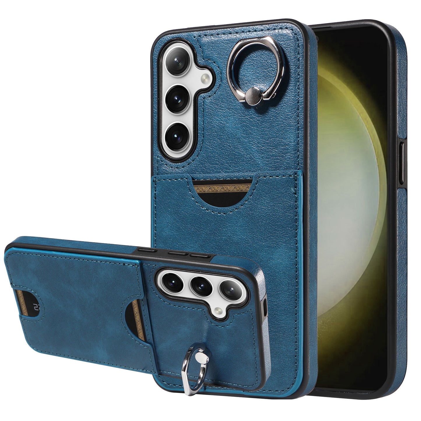 006 For Samsung Galaxy S24+ Case Card Bag PU TPU Back Cover with Ring Holder - Blue
