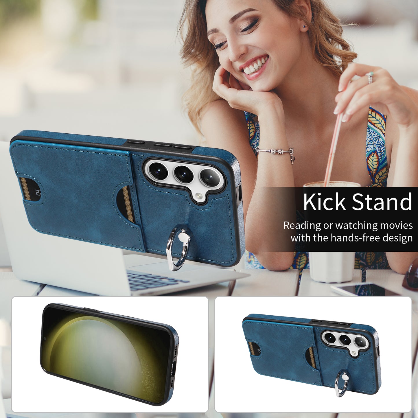 006 For Samsung Galaxy S24+ Case Card Bag PU TPU Back Cover with Ring Holder - Blue