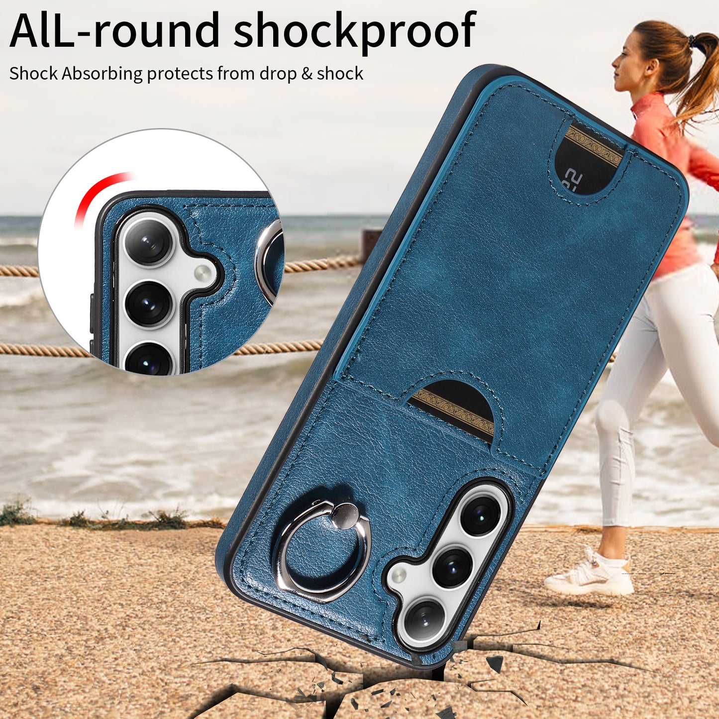 006 For Samsung Galaxy S24+ Case Card Bag PU TPU Back Cover with Ring Holder - Blue