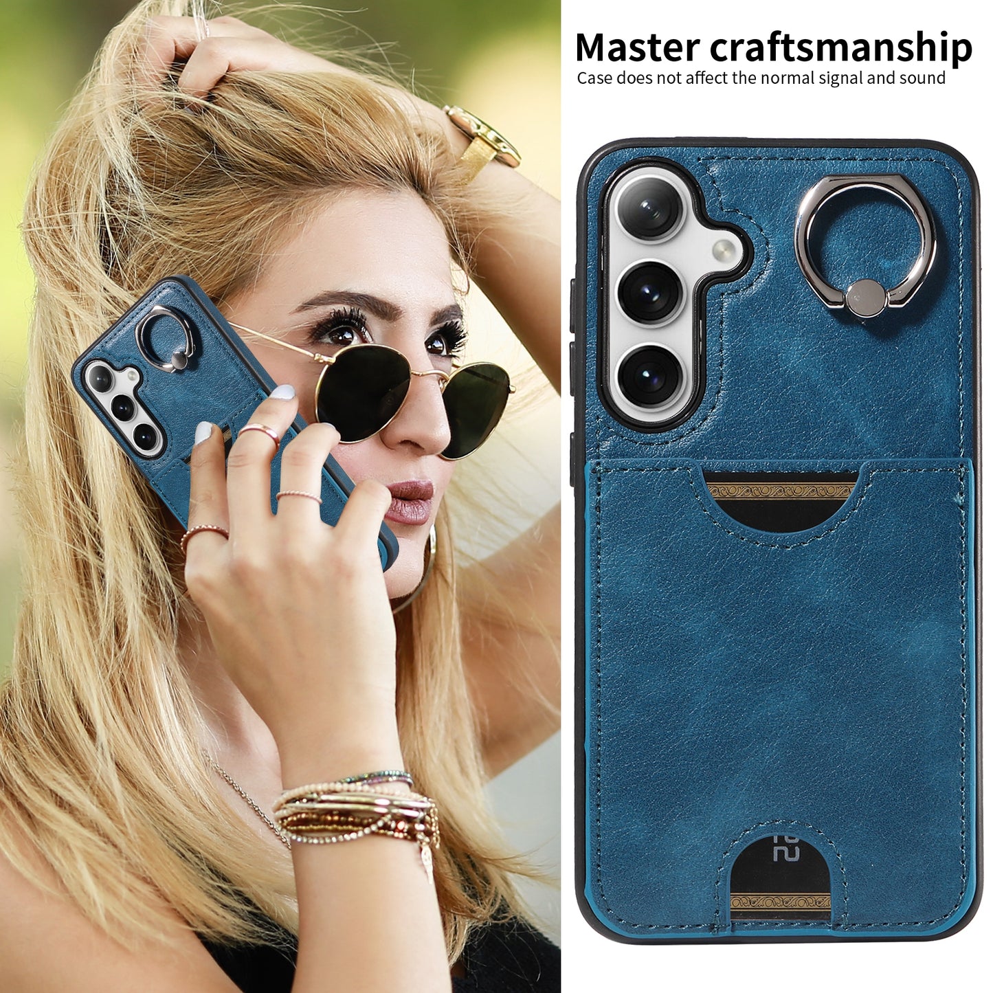 006 For Samsung Galaxy S24+ Case Card Bag PU TPU Back Cover with Ring Holder - Blue