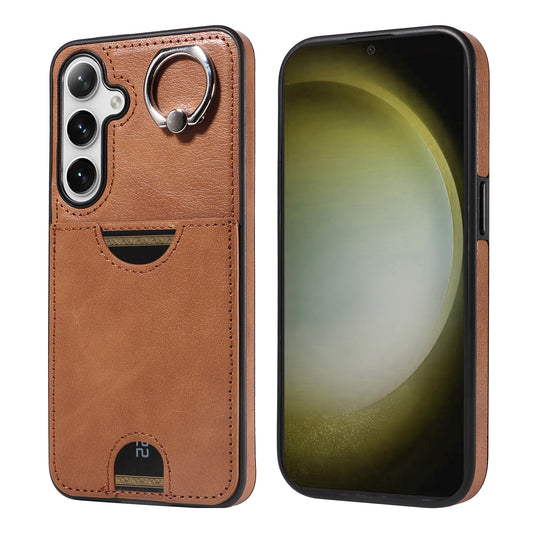 006 For Samsung Galaxy S24+ Case Card Bag PU TPU Back Cover with Ring Holder - Brown