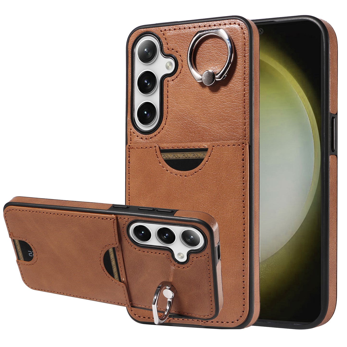 006 For Samsung Galaxy S24+ Case Card Bag PU TPU Back Cover with Ring Holder - Brown