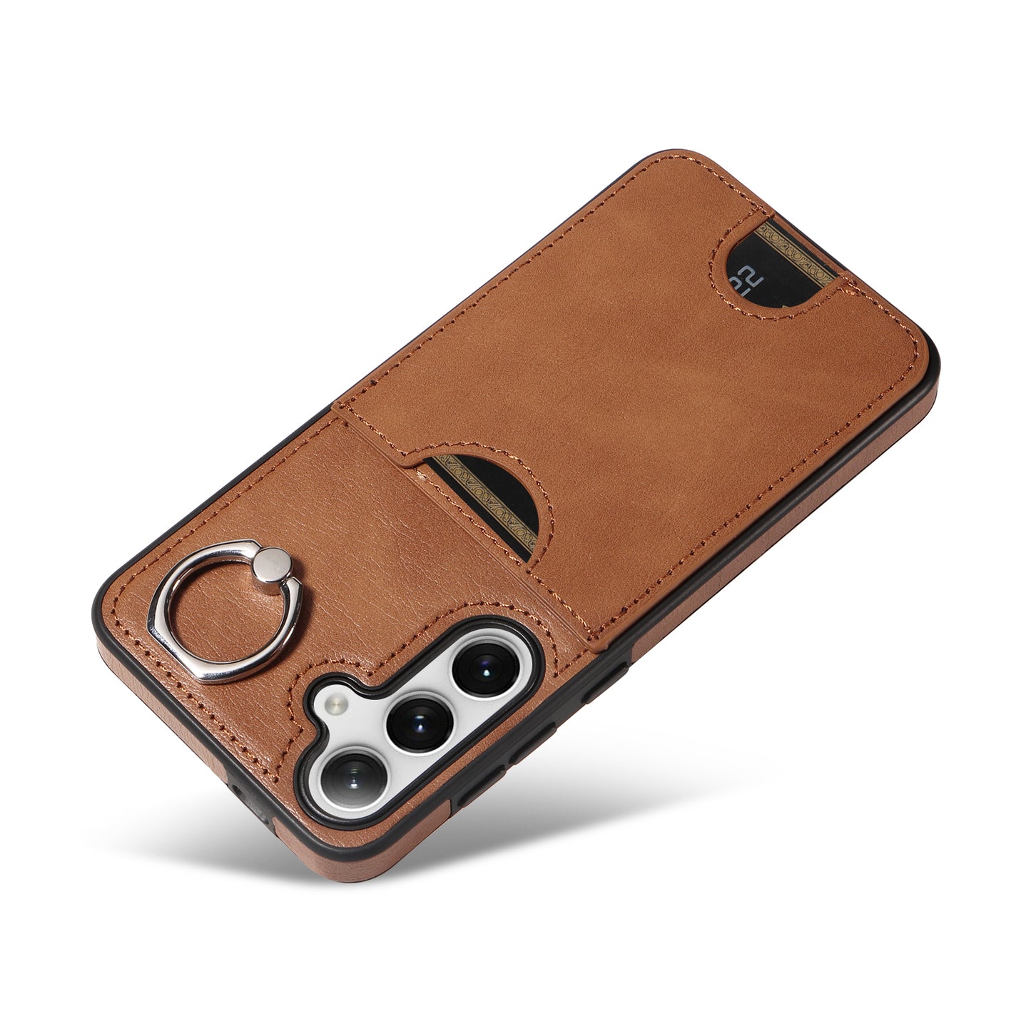 006 For Samsung Galaxy S24+ Case Card Bag PU TPU Back Cover with Ring Holder - Brown