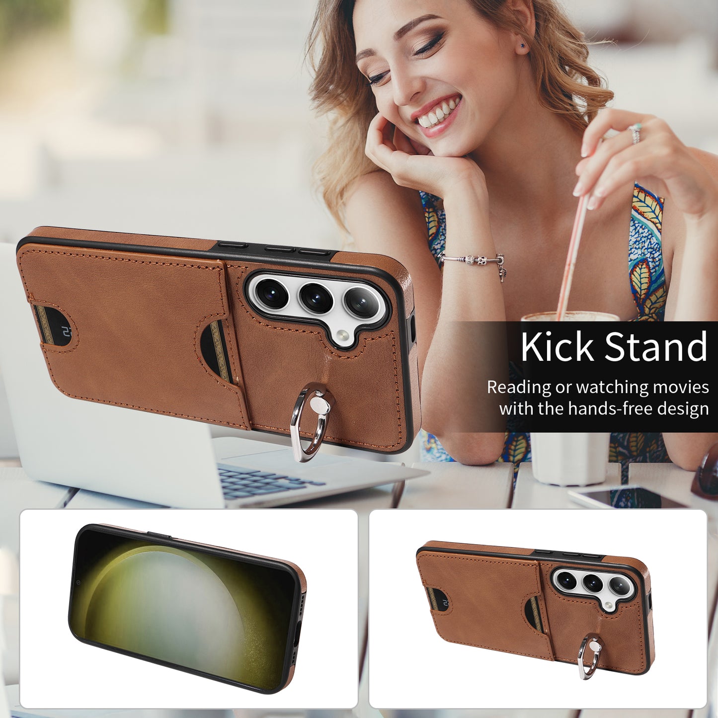 006 For Samsung Galaxy S24+ Case Card Bag PU TPU Back Cover with Ring Holder - Brown