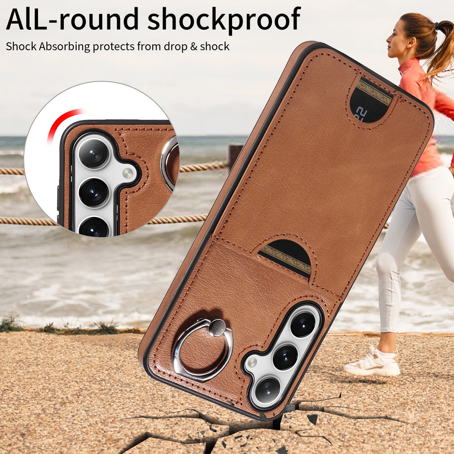 006 For Samsung Galaxy S24+ Case Card Bag PU TPU Back Cover with Ring Holder - Brown