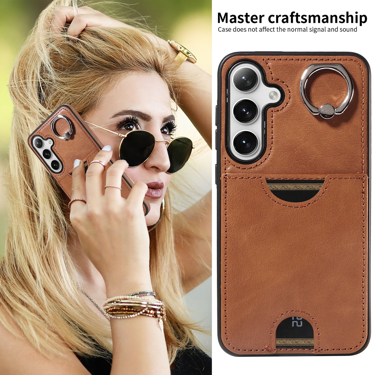 006 For Samsung Galaxy S24+ Case Card Bag PU TPU Back Cover with Ring Holder - Brown