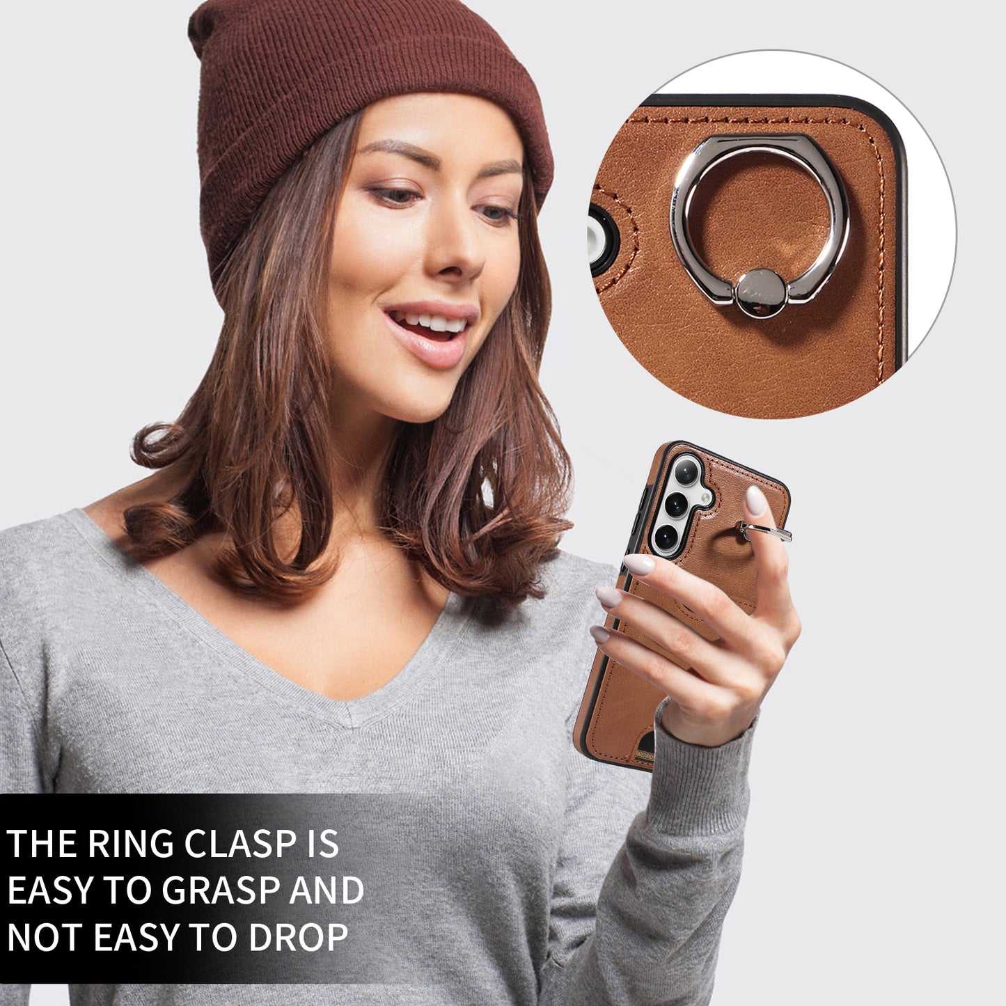 006 For Samsung Galaxy S24+ Case Card Bag PU TPU Back Cover with Ring Holder - Brown