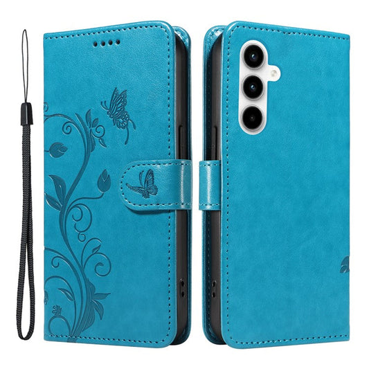For Samsung Galaxy A35 5G Leather Case with Wallet Card Slots Flower Butterfly Pattern - Blue