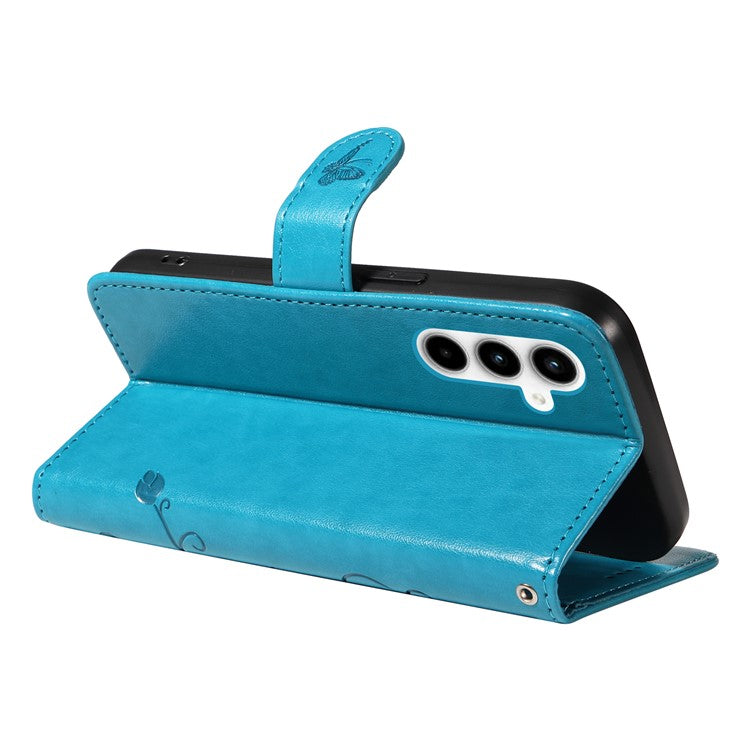 For Samsung Galaxy A35 5G Leather Case with Wallet Card Slots Flower Butterfly Pattern - Blue