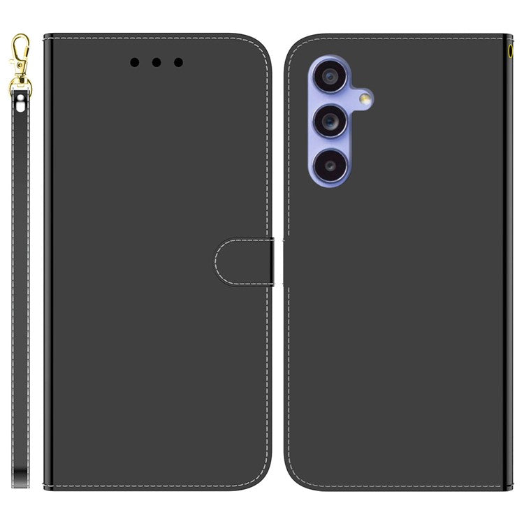 For Samsung Galaxy A35 5G Case with Hand Strap Mirror-Like Surface Leather Cover - Black