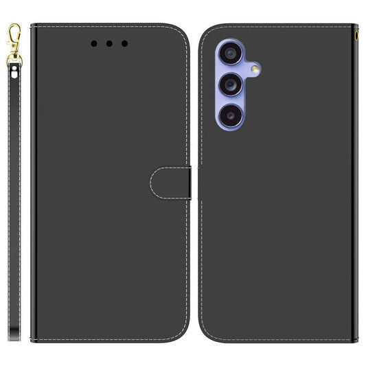 For Samsung Galaxy A35 5G Case with Hand Strap Mirror-Like Surface Leather Cover - Black