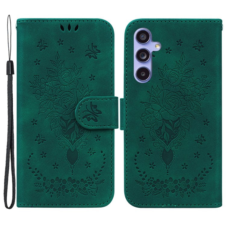 For Samsung Galaxy A35 5G Case PU Leather Phone Cover Rose Butterfly Pattern - Green