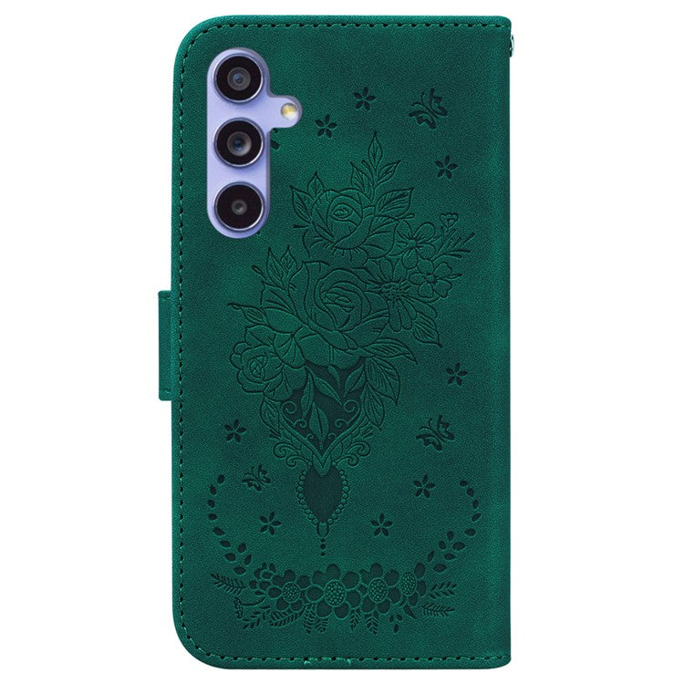 For Samsung Galaxy A35 5G Case PU Leather Phone Cover Rose Butterfly Pattern - Green
