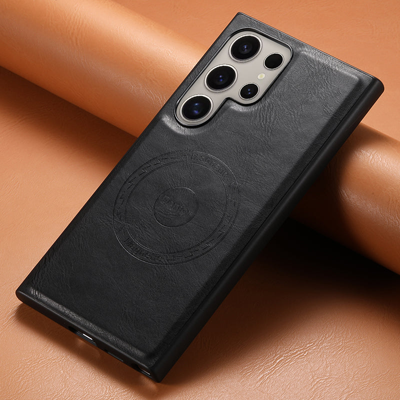 DENIOR For Samsung Galaxy S24 Ultra Magnetic Case Cowhide Texture Leather Back Cover - Black