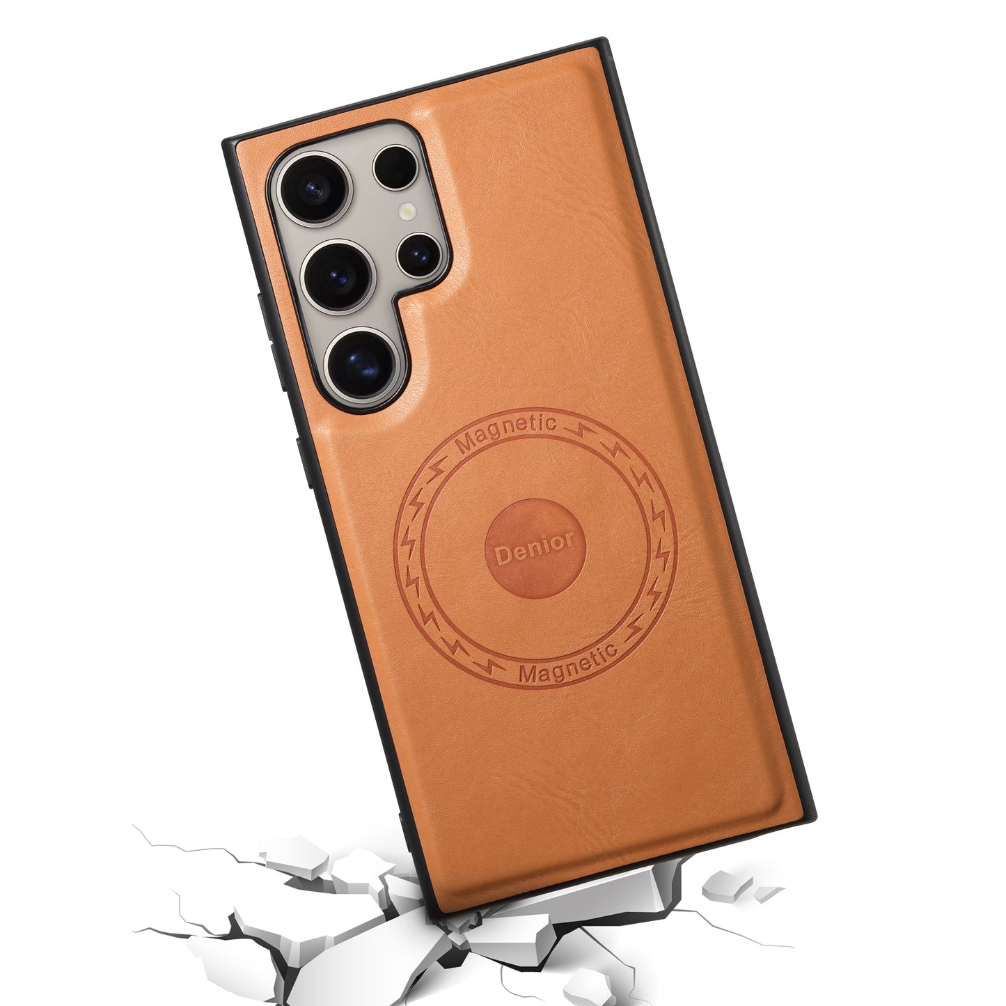 DENIOR For Samsung Galaxy S24 Ultra Magnetic Case Cowhide Texture Leather Back Cover - Khaki