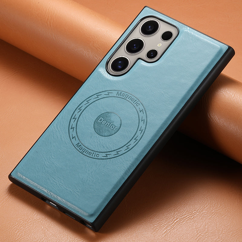 DENIOR For Samsung Galaxy S24 Ultra Magnetic Case Cowhide Texture Leather Back Cover - Blue