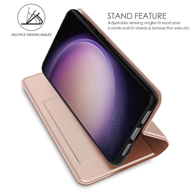 For Samsung Galaxy S24 Phone Stand Case Card Holder PU Leather Cell Phone Cover - Rose Gold