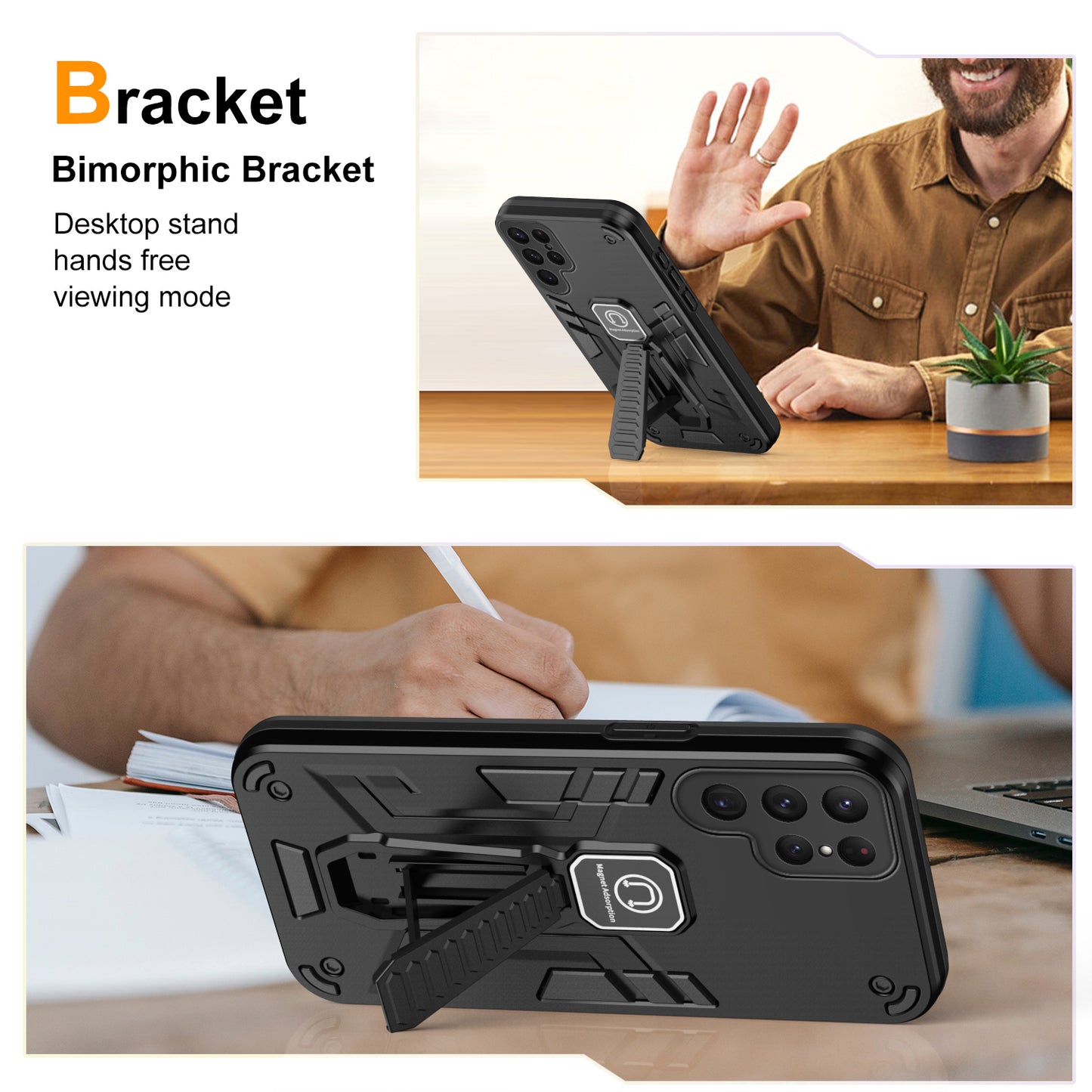 For Samsung Galaxy S24 Ultra Case Drop-resistant Kickstand Back Shell Work with Magnetic Car Mount - Black