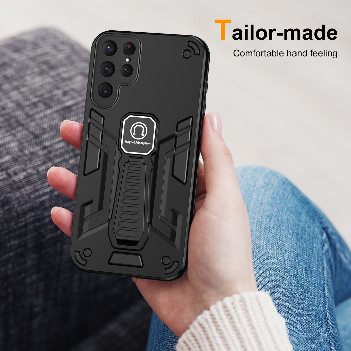 For Samsung Galaxy S24 Ultra Case Drop-resistant Kickstand Back Shell Work with Magnetic Car Mount - Black