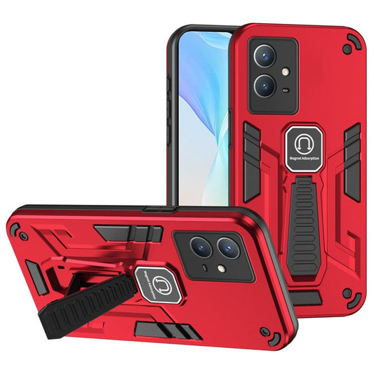 For vivo Y33s / T1x 4G Phone Case Drop Protective Cover with Built-in Kickstand - Red