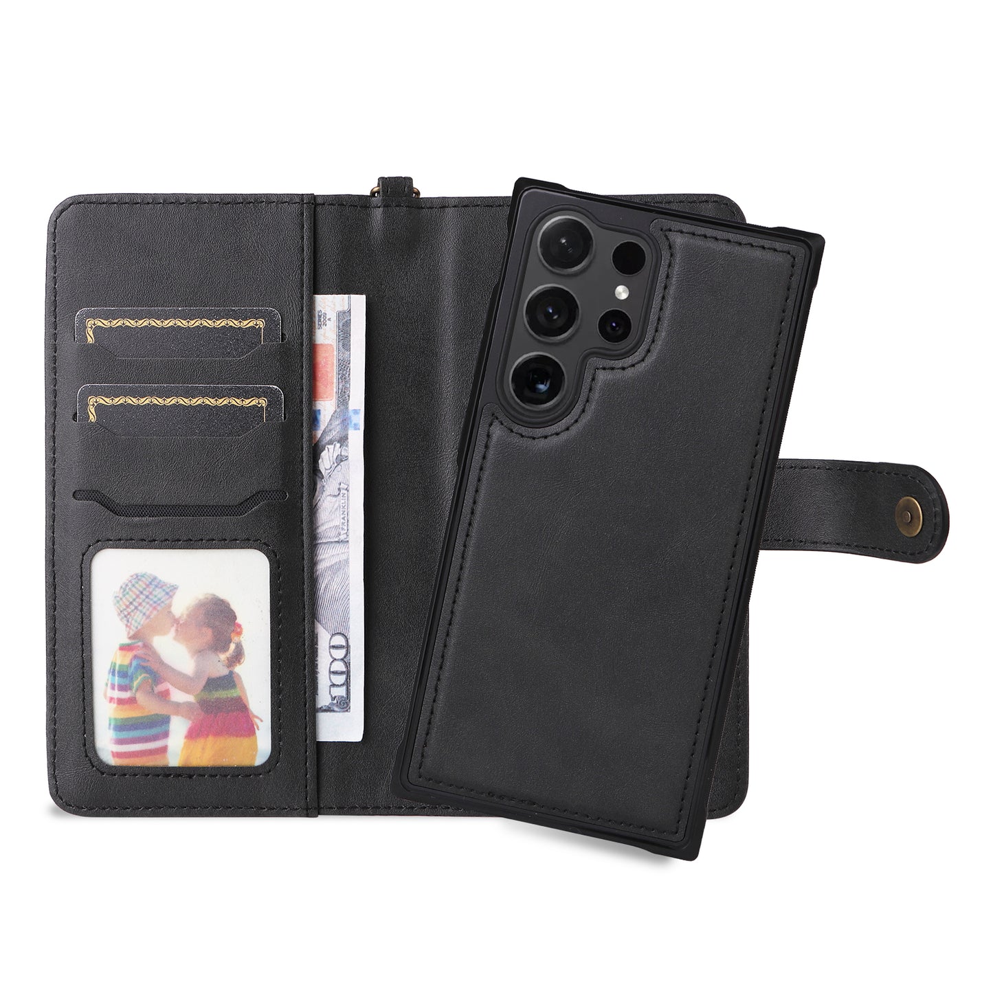 KT Leather Series-4 For Samsung Galaxy S24 Ultra Case 2-in-1 Detachable Stand Phone Cover - Black