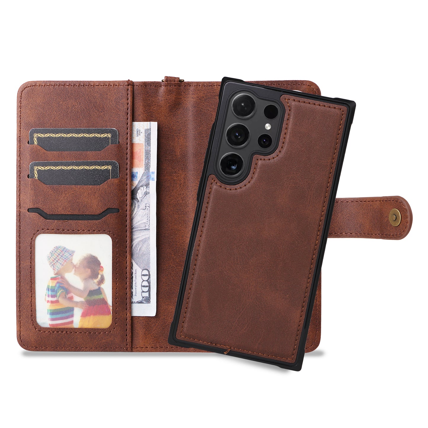 KT Leather Series-4 For Samsung Galaxy S24 Ultra Case 2-in-1 Detachable Stand Phone Cover - Coffee