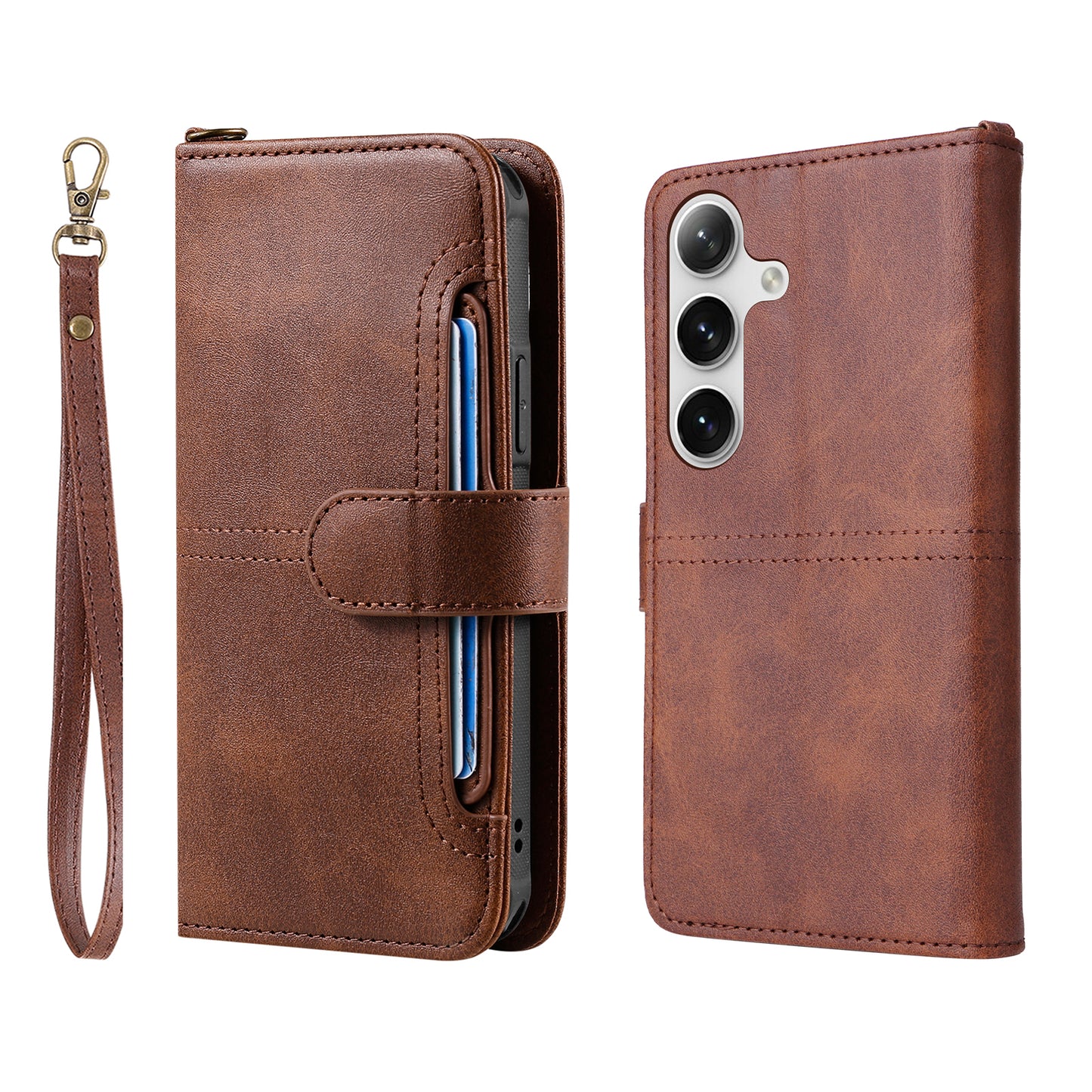 KT Leather Series-4 For Samsung Galaxy S24 Wallet Case 2-in-1 Detachable Flip Stand Phone Cover - Coffee