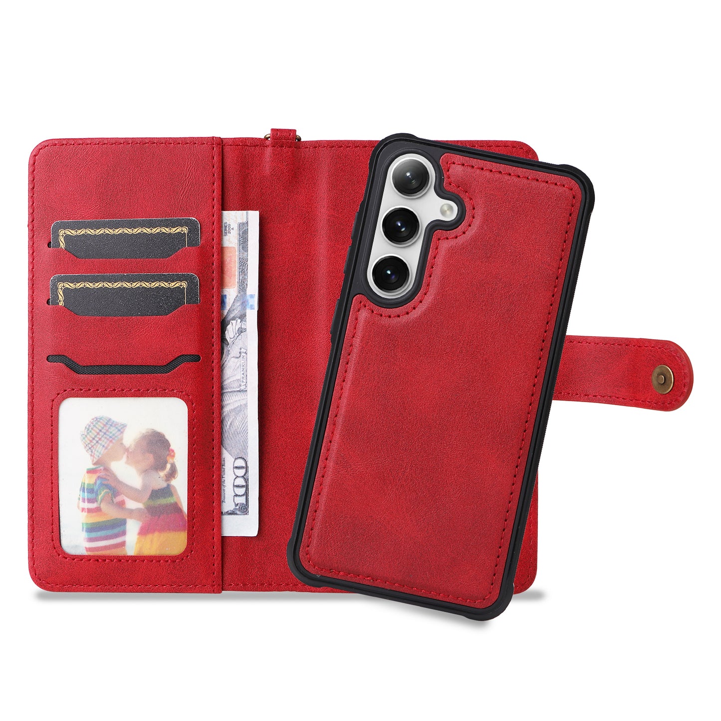 KT Leather Series-4 For Samsung Galaxy S24 Wallet Case 2-in-1 Detachable Flip Stand Phone Cover - Red