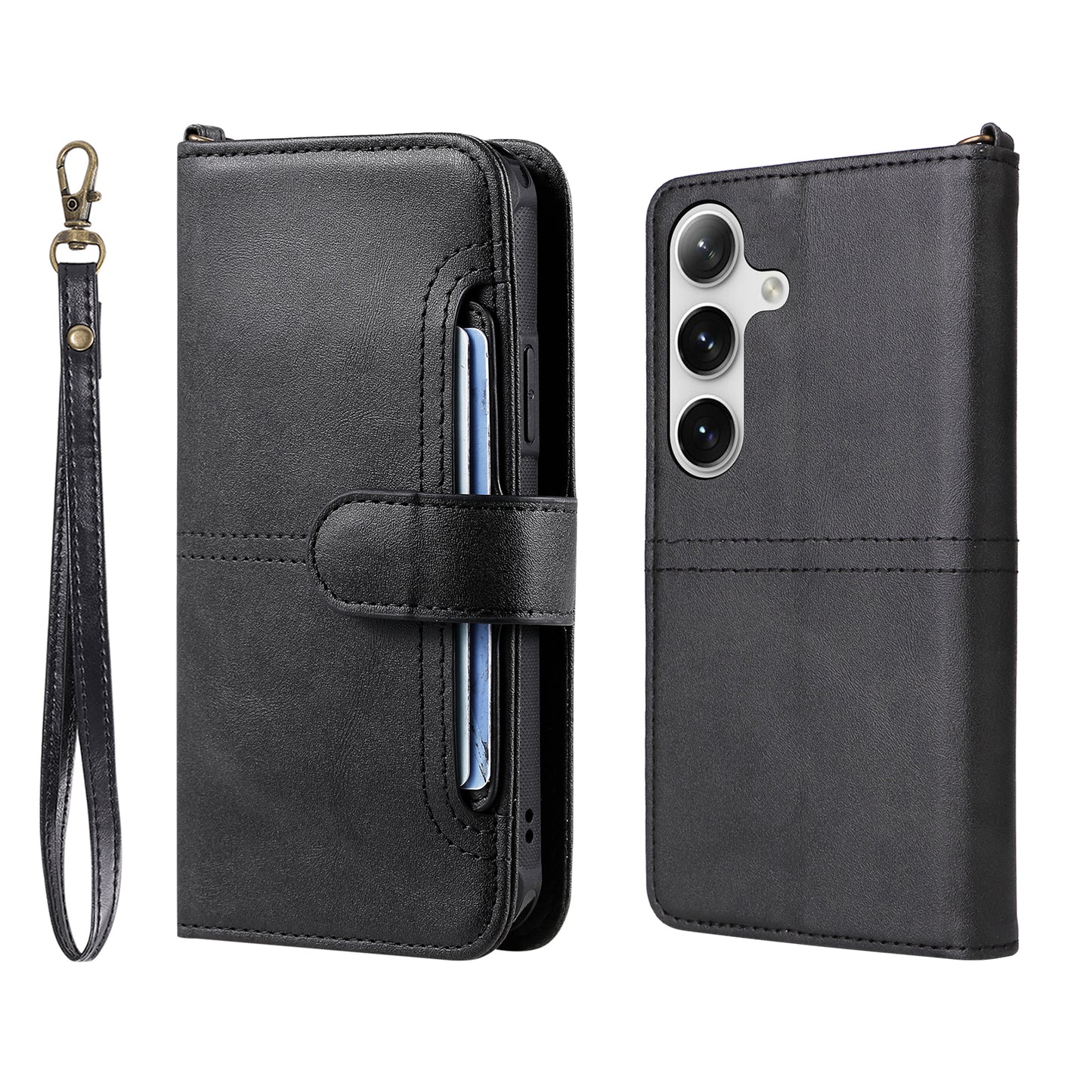 KT Leather Series-4 For Samsung Galaxy S24 Wallet Case 2-in-1 Detachable Flip Stand Phone Cover - Black