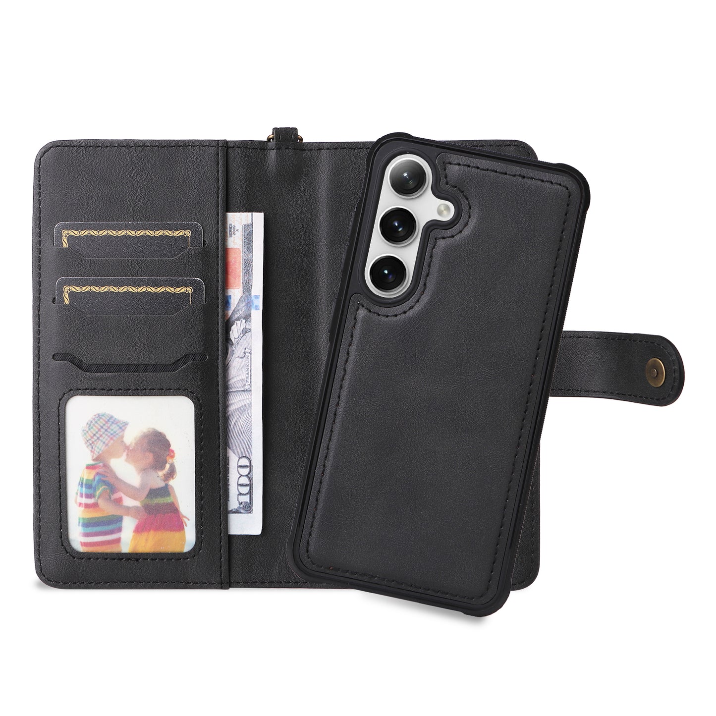 KT Leather Series-4 For Samsung Galaxy S24 Wallet Case 2-in-1 Detachable Flip Stand Phone Cover - Black
