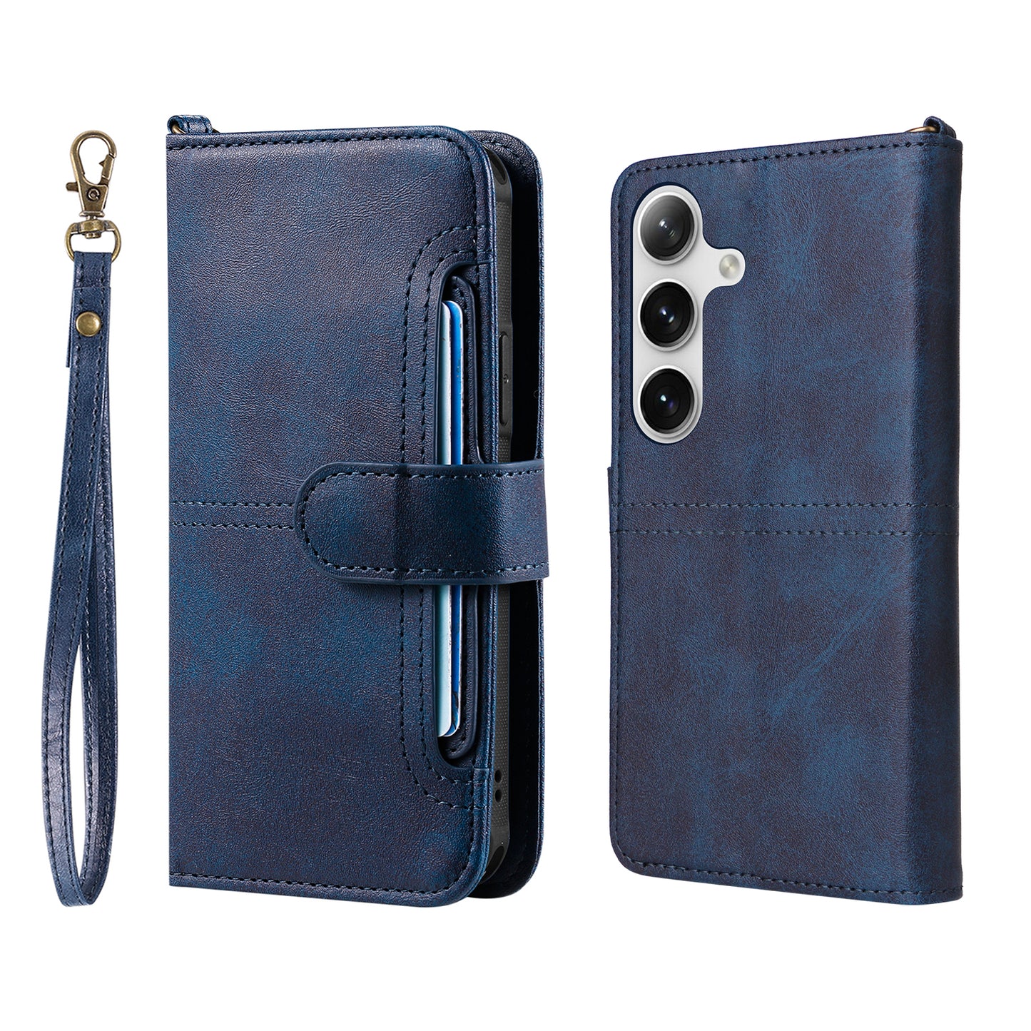 KT Leather Series-4 For Samsung Galaxy S24 Wallet Case 2-in-1 Detachable Flip Stand Phone Cover - Blue