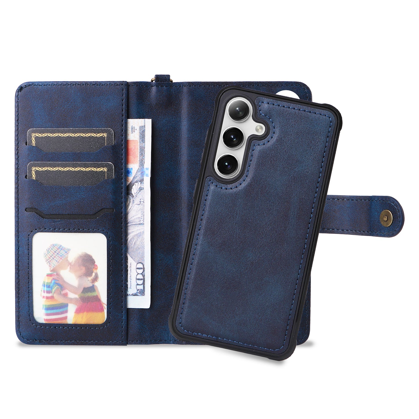 KT Leather Series-4 For Samsung Galaxy S24 Wallet Case 2-in-1 Detachable Flip Stand Phone Cover - Blue