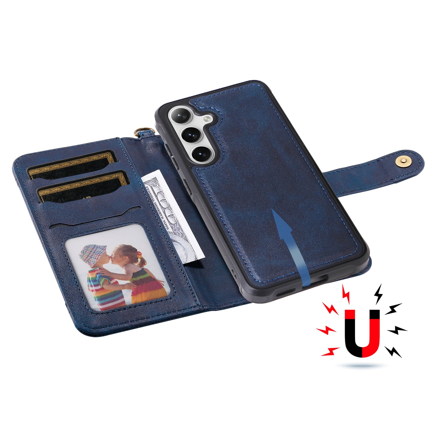 KT Leather Series-4 For Samsung Galaxy S24 Wallet Case 2-in-1 Detachable Flip Stand Phone Cover - Blue