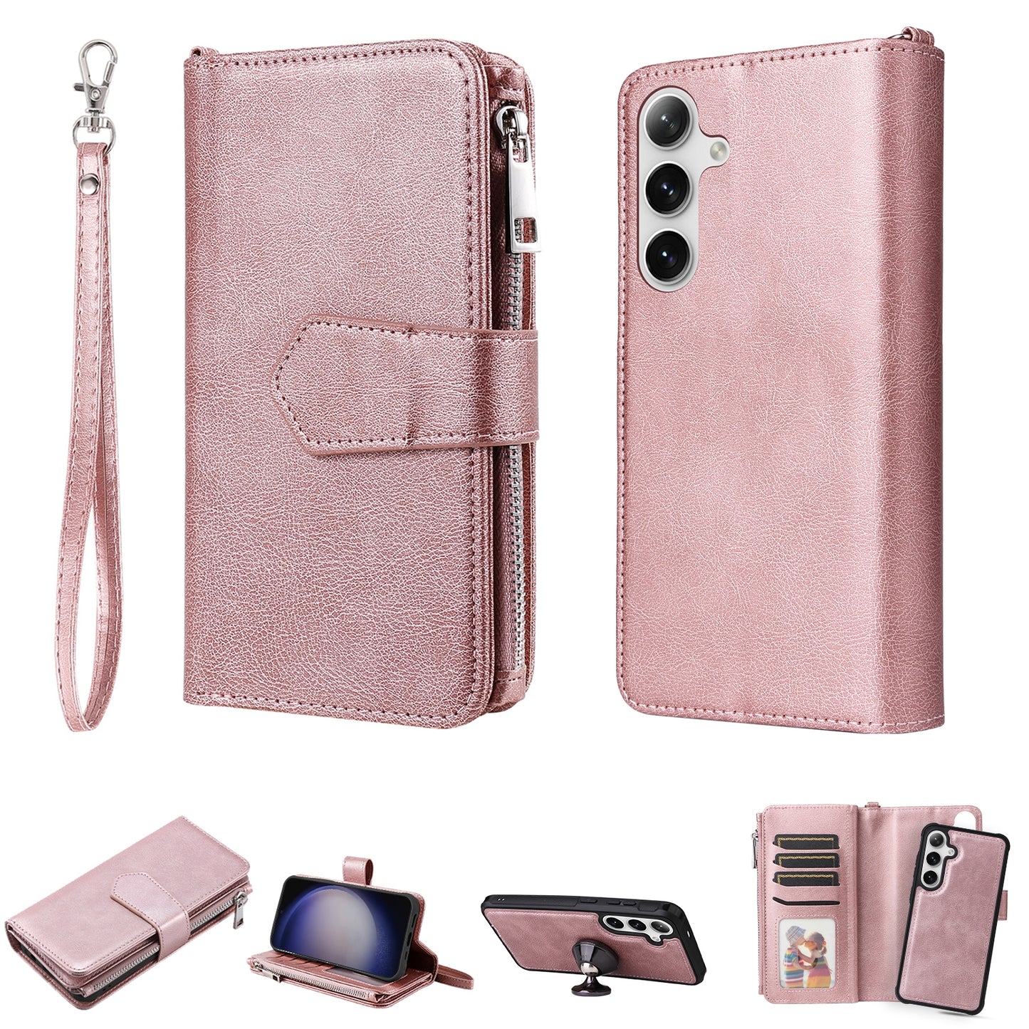 KT Multi-functional Series-4 for Samsung Galaxy S24+ Case Detachable 2-in-1 PU Leather Phone Cover - Rose Gold