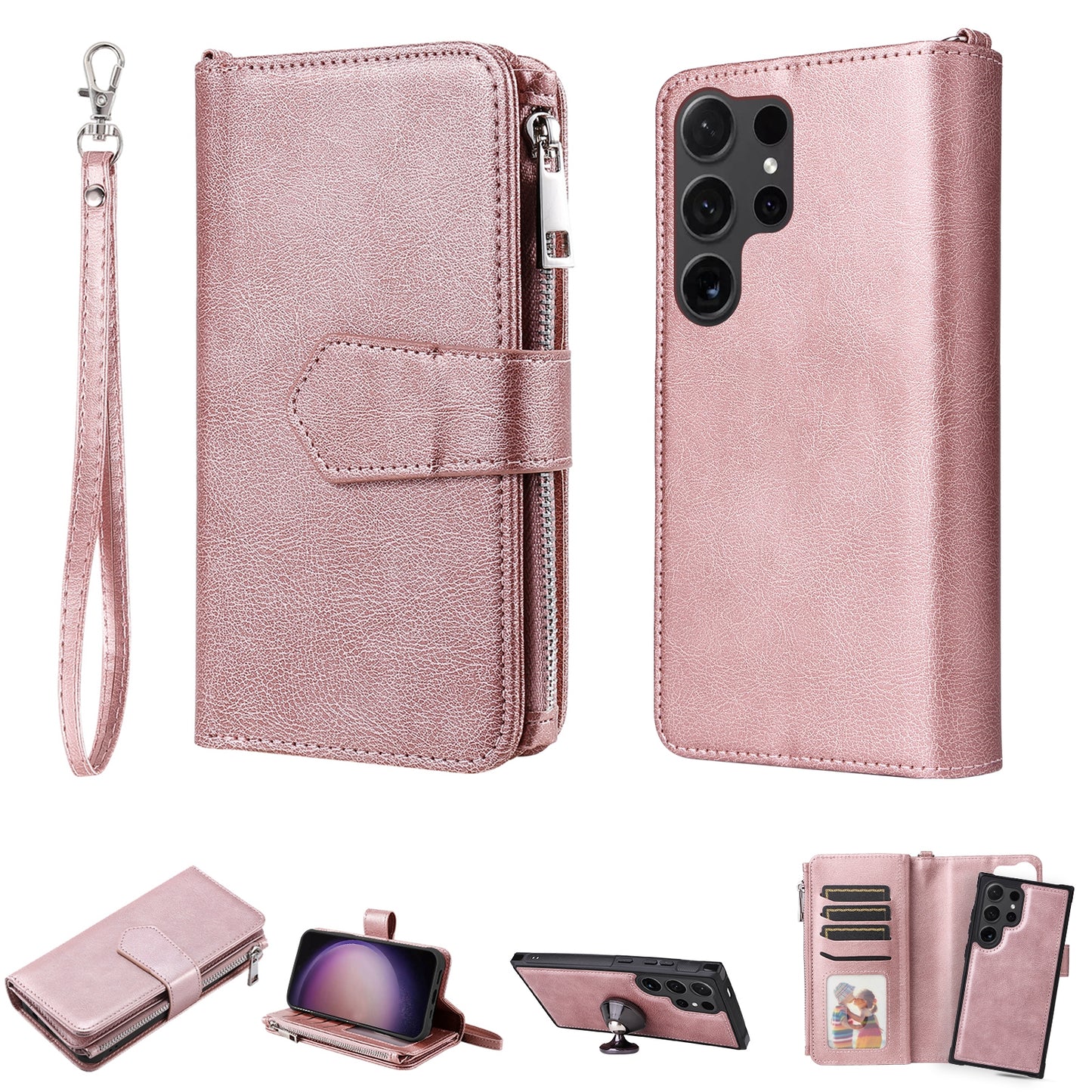 KT Multi-functional Series-4 for Samsung Galaxy S24 Ultra Case Magnetic Leather Zipper Pocket Phone Cover - Rose Gold