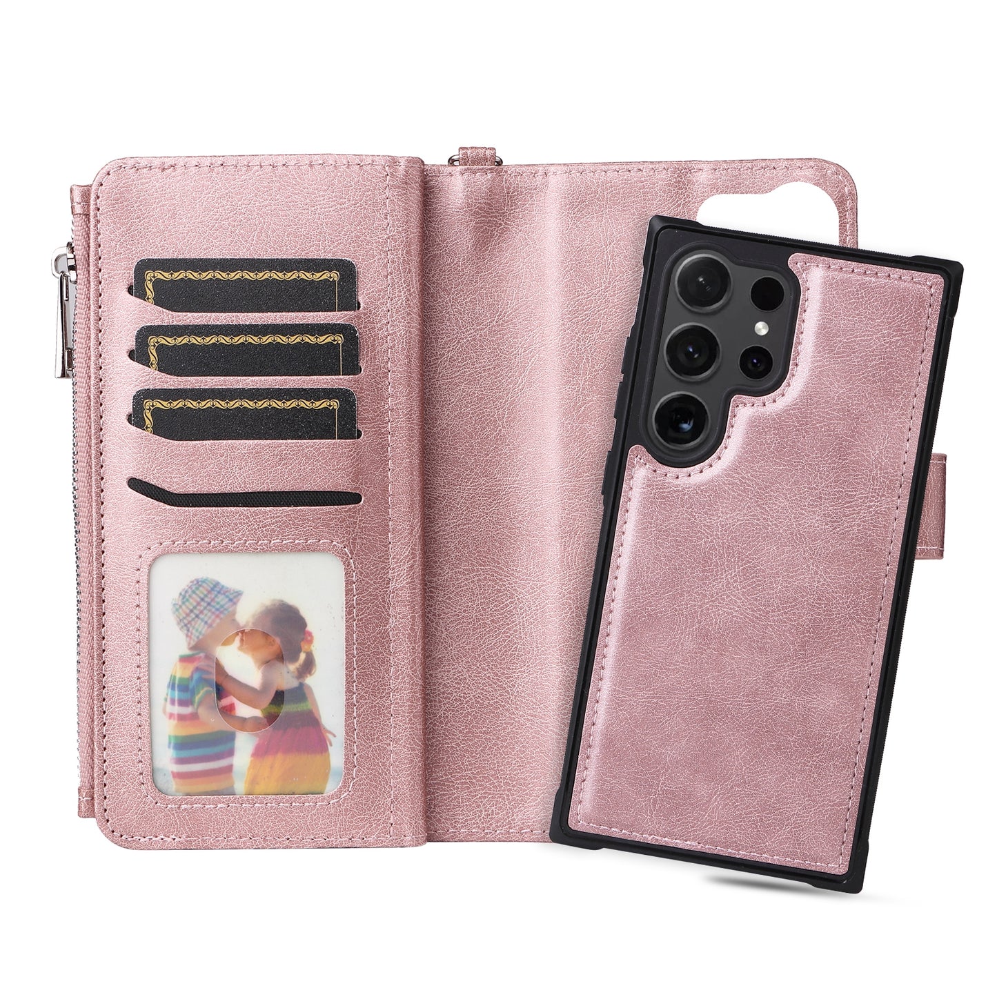 KT Multi-functional Series-4 for Samsung Galaxy S24 Ultra Case Magnetic Leather Zipper Pocket Phone Cover - Rose Gold