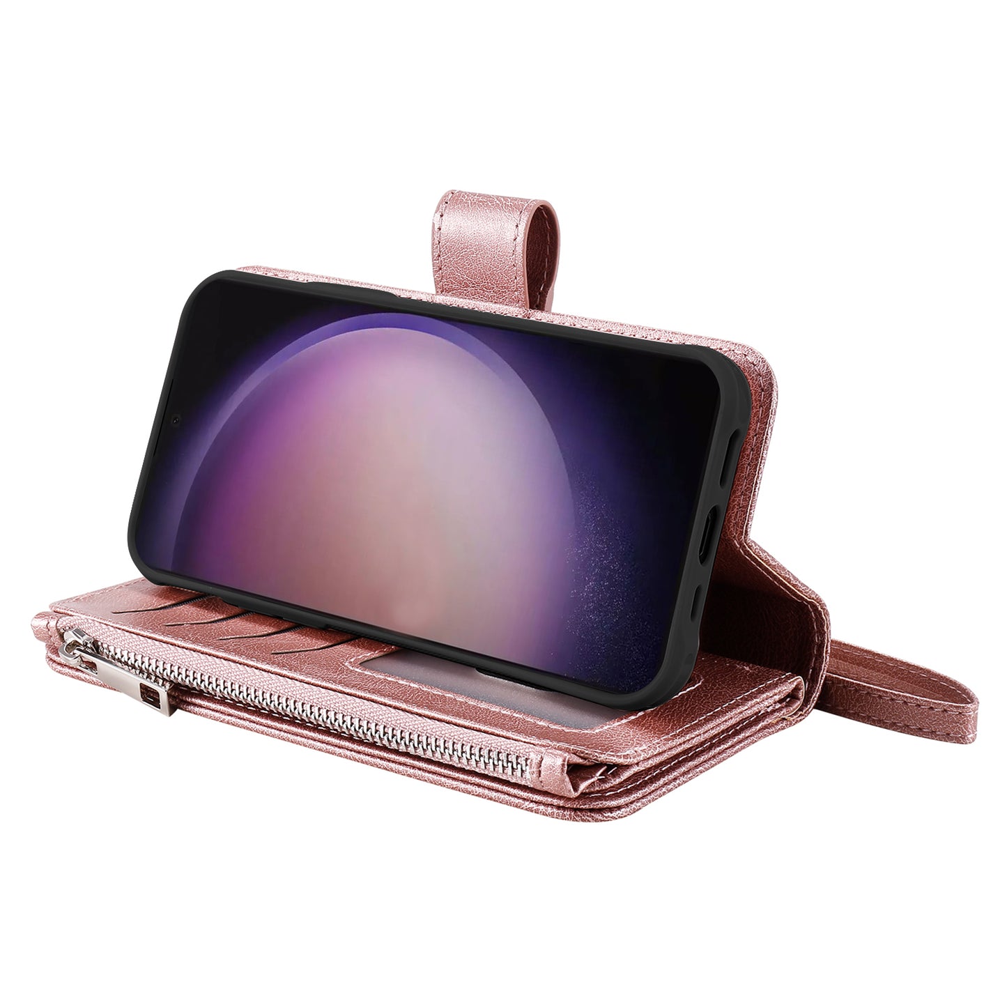 KT Multi-functional Series-4 for Samsung Galaxy S24 Ultra Case Magnetic Leather Zipper Pocket Phone Cover - Rose Gold