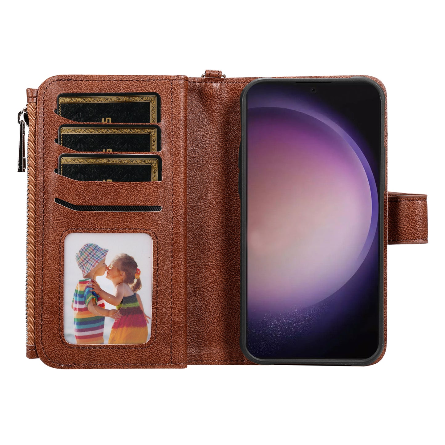 KT Multi-functional Series-4 for Samsung Galaxy S24 Ultra Case Magnetic Leather Zipper Pocket Phone Cover - Brown