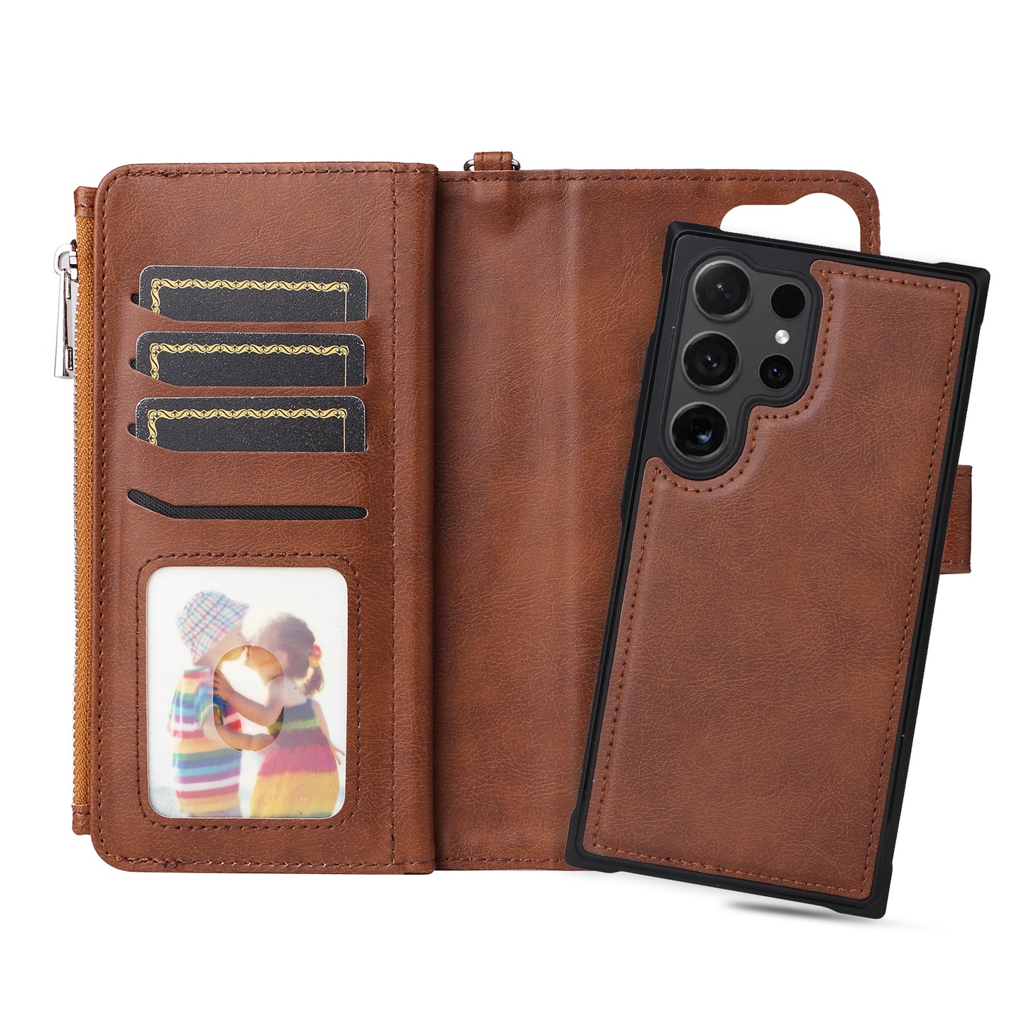 KT Multi-functional Series-4 for Samsung Galaxy S24 Ultra Case Magnetic Leather Zipper Pocket Phone Cover - Brown