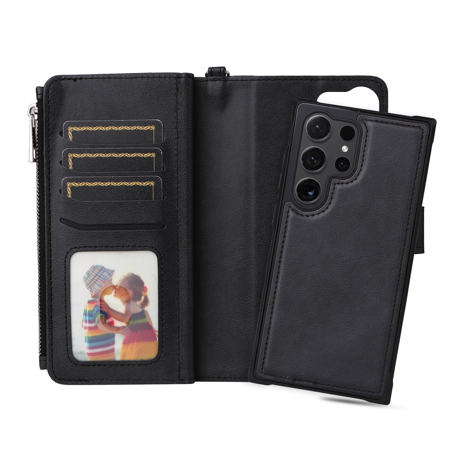 KT Multi-functional Series-4 for Samsung Galaxy S24 Ultra Case Magnetic Leather Zipper Pocket Phone Cover - Black