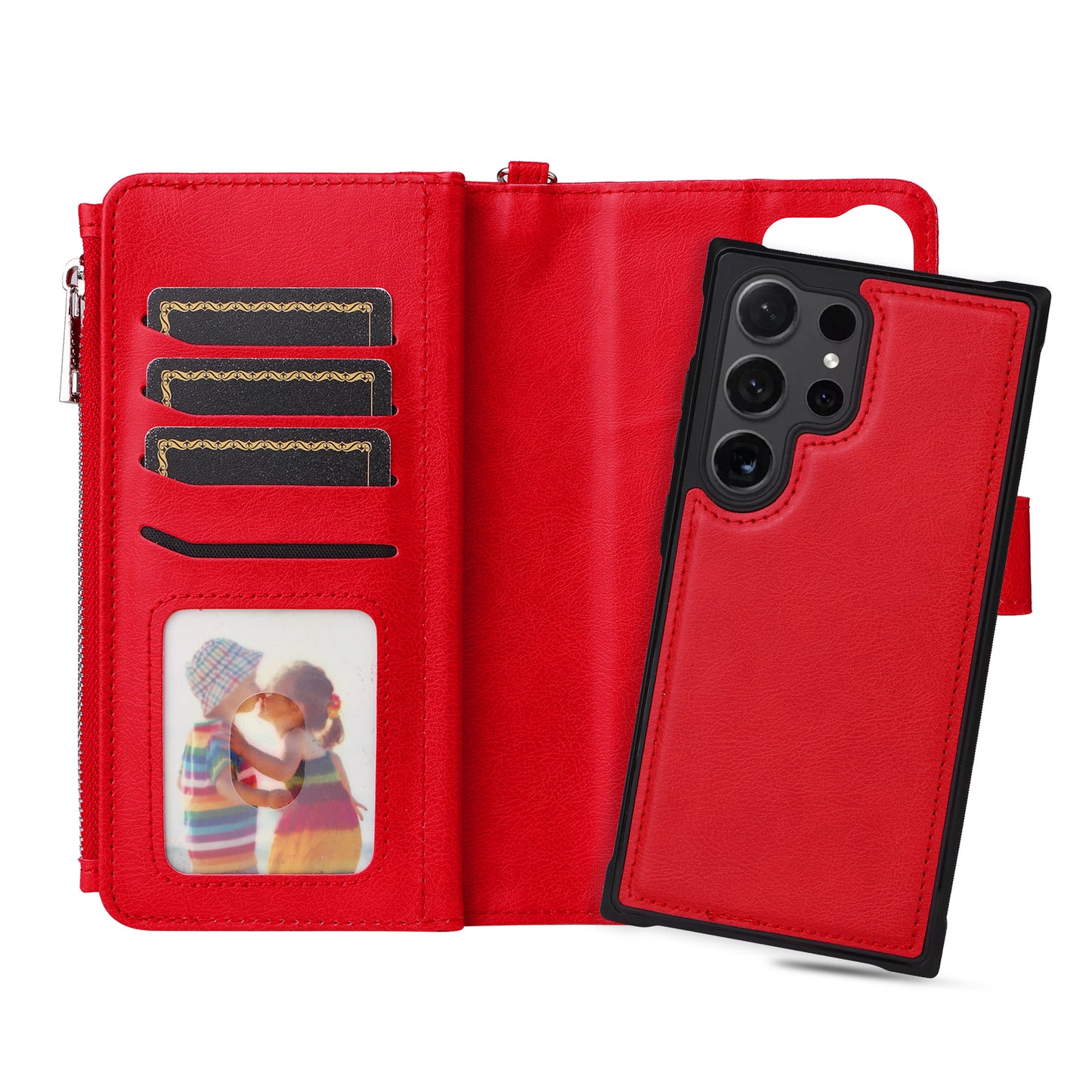 KT Multi-functional Series-4 for Samsung Galaxy S24 Ultra Case Magnetic Leather Zipper Pocket Phone Cover - Red