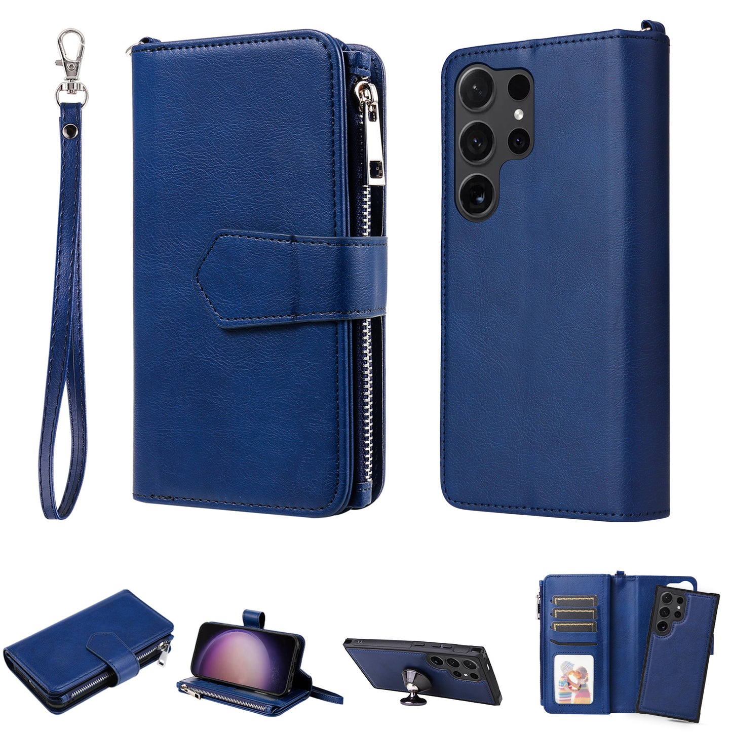 KT Multi-functional Series-4 for Samsung Galaxy S24 Ultra Case Magnetic Leather Zipper Pocket Phone Cover - Blue