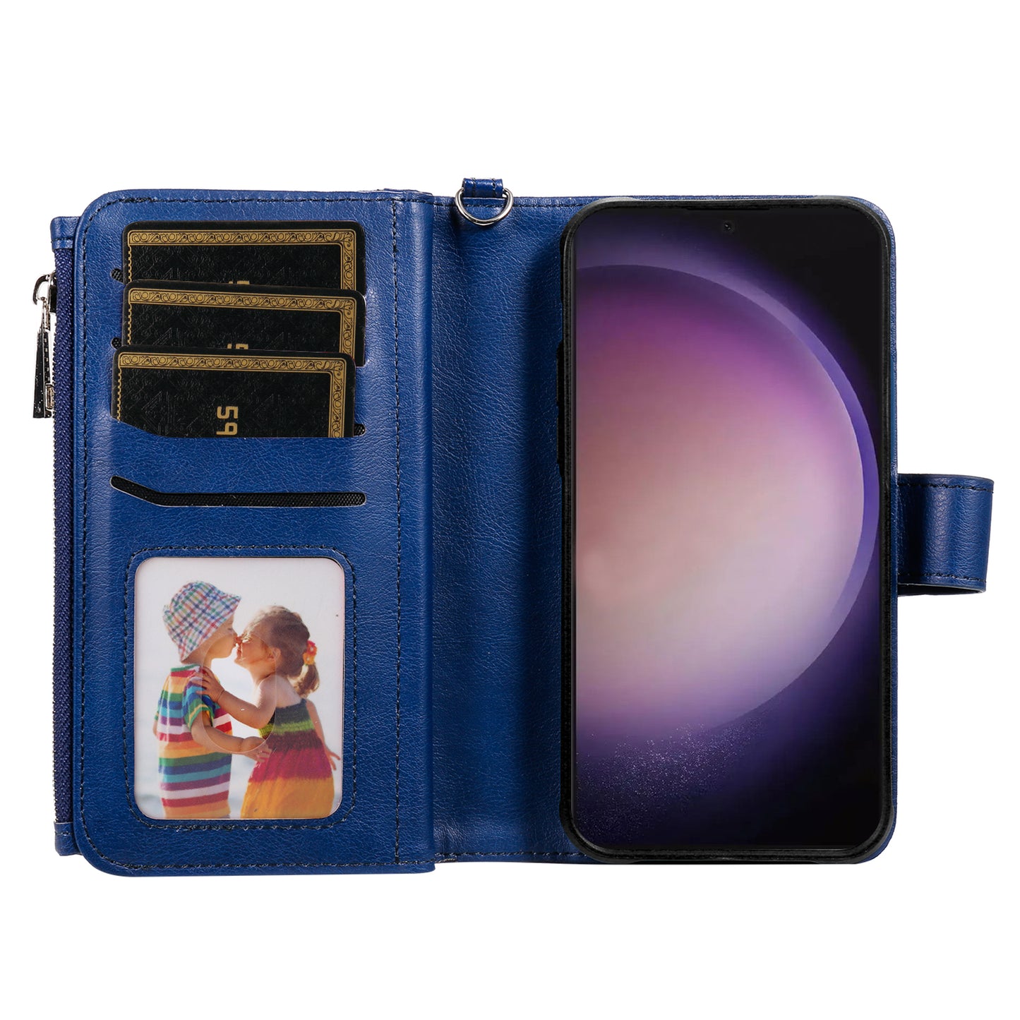 KT Multi-functional Series-4 for Samsung Galaxy S24 Ultra Case Magnetic Leather Zipper Pocket Phone Cover - Blue