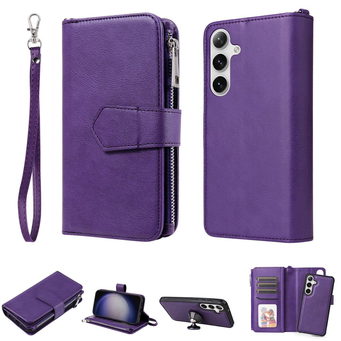 KT Multi-functional Series-4 for Samsung Galaxy S24 Magnetic Case Card Slots Stand Zipper Phone Cover - Purple