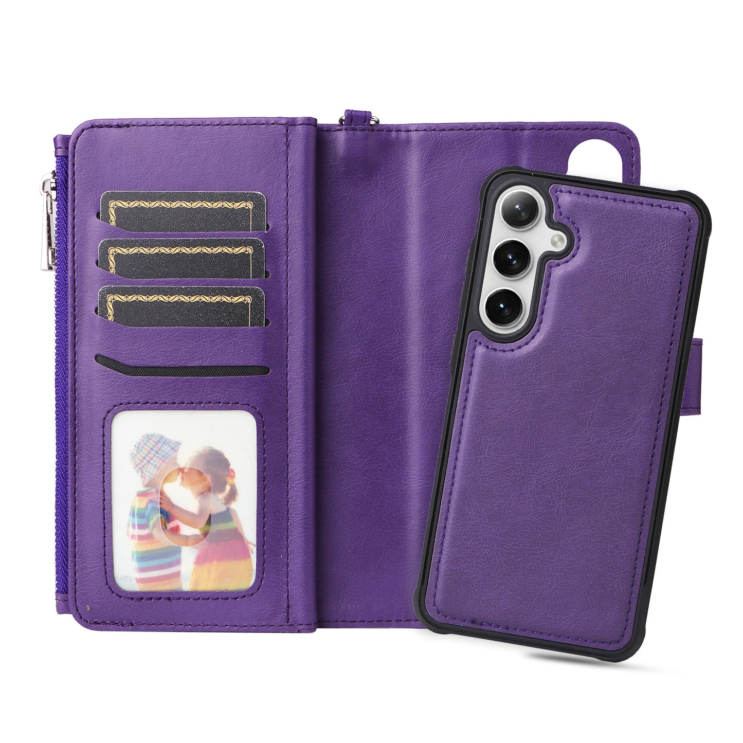 KT Multi-functional Series-4 for Samsung Galaxy S24 Magnetic Case Card Slots Stand Zipper Phone Cover - Purple