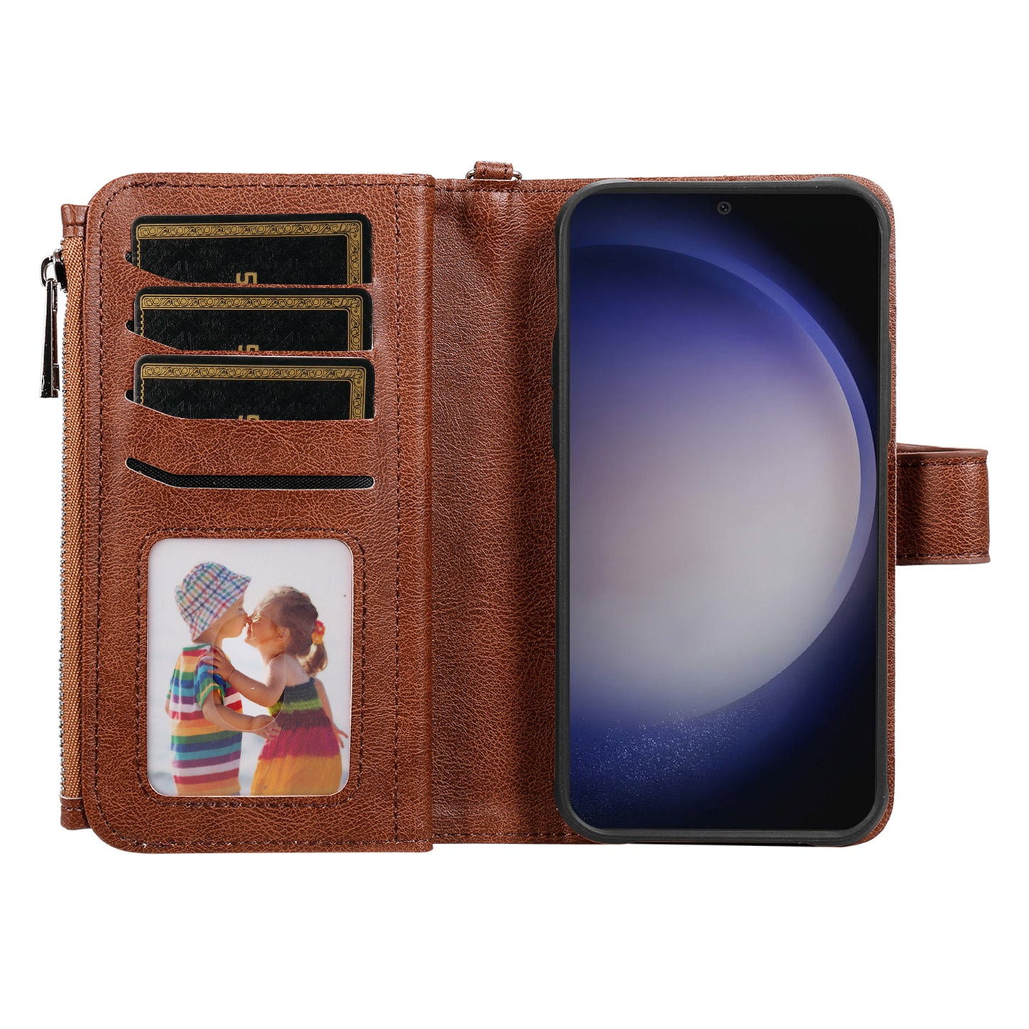 KT Multi-functional Series-4 for Samsung Galaxy S24 Magnetic Case Card Slots Stand Zipper Phone Cover - Brown