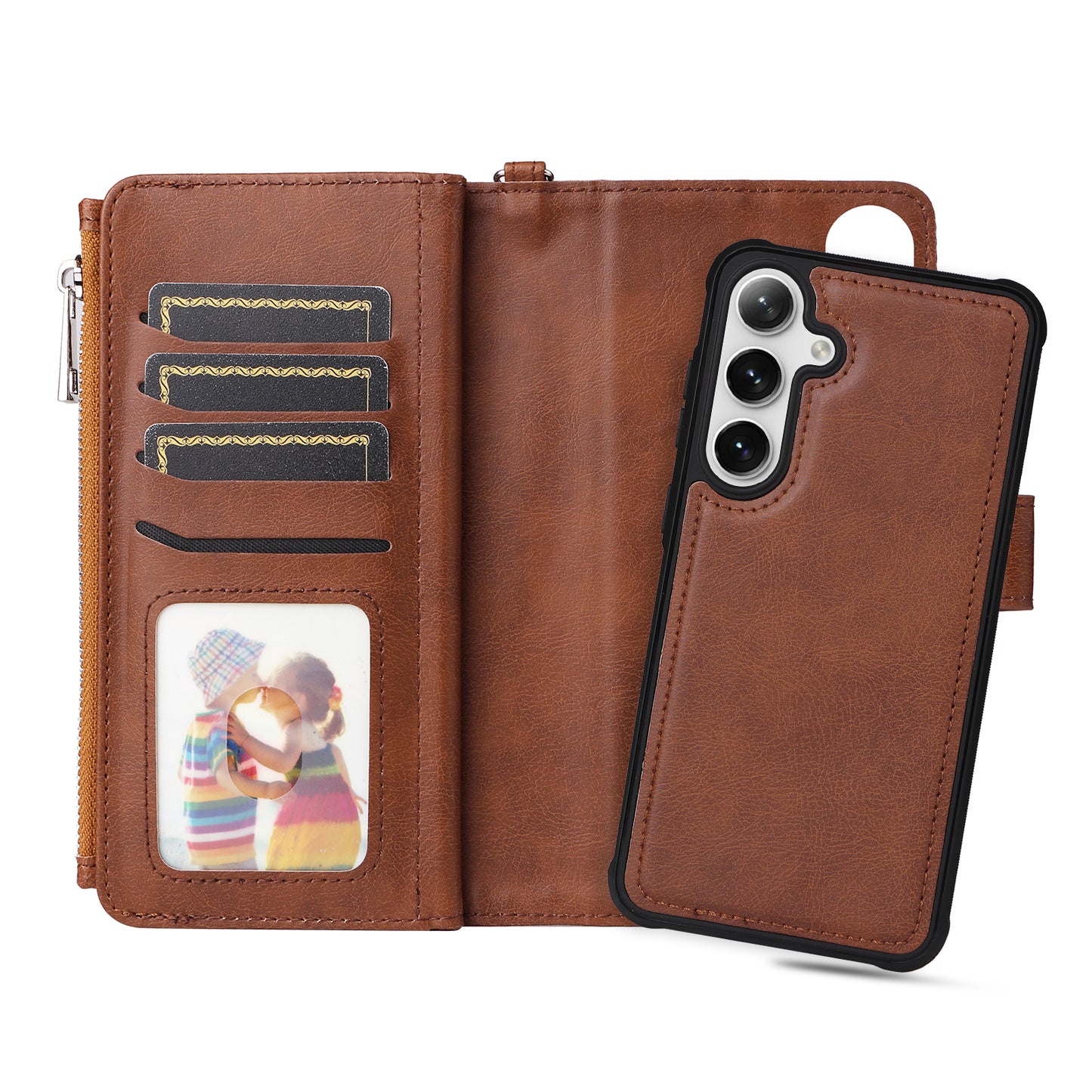 KT Multi-functional Series-4 for Samsung Galaxy S24 Magnetic Case Card Slots Stand Zipper Phone Cover - Brown